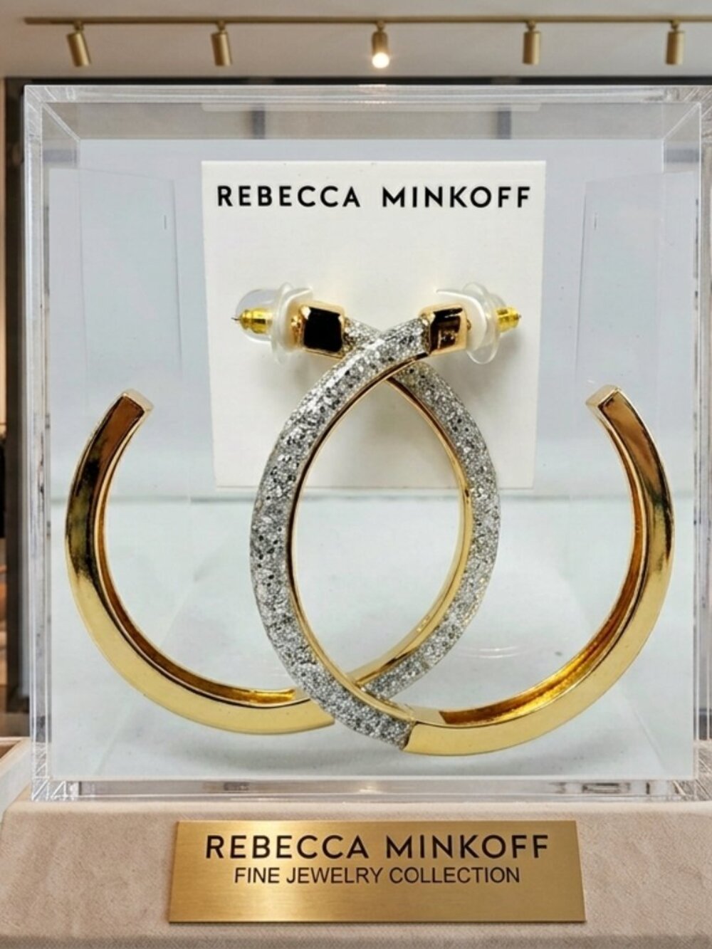 Rebecca Minkoff Silver Glitter Resin Front Large Hoop Earrings Gold Tone